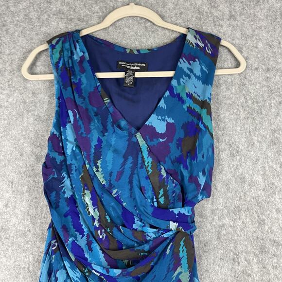 Diane Von Furstenberg Silk Dress Womens 2 Blue Faux Wrap Drapey Neiman DVF Y2K - Picture 2 of 16
